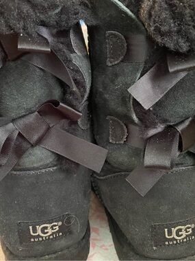 UGG Black Suede Bow Back Sheepskin Boots